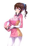  1girl belt blue_eyes blush bodysuit breasts brown_hair cosplay diletta gloves hair_ornament hair_scrunchie helmet high_ponytail highres holding large_breasts legs long_ponytail looking_at_viewer pants parted_lips pink_clothes ponytail scrunchie simple_background solo standing thighs uniform white_background white_pants 
