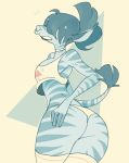  2019 anthro big_butt blue_fur blue_hair breasts butt butt_pose choker clothing crop_top equid equine facial_piercing female fur hair hair_over_eyes hand_on_butt hi_res legwear lipstick looking_back makeup mammal nose_piercing nose_ring panties piercing presenting presenting_hindquarters rear_view shirt simple_background socks solo standing stripes sweat sweatdrop thigh_highs underwear vongulli zebra 