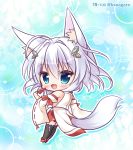  1girl animal_ear_fluff animal_ears bangs bare_shoulders black_legwear blue_eyes blush brown_footwear chibi commentary_request copyright_request detached_sleeves eyebrows_visible_through_hair food fox_ears fox_girl fox_tail full_body glint hair_between_eyes hair_ornament highres holding holding_food japanese_clothes kimono long_hair long_sleeves pleated_skirt popsicle red_skirt ribbon-trimmed_sleeves ribbon_trim ryuuka_sane silver_hair skirt sleeveless sleeveless_kimono solo standing tail thighhighs twitter_username watermelon_bar white_kimono white_sleeves wide_sleeves 