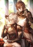 2boys armor brown_hair coffee_cup cookie cup disposable_cup elbow_gloves eyes_closed fingerless_gloves food gloves granblue_fantasy highres hood hood_down lucio_(granblue_fantasy) male_focus multiple_boys outdoors red_eyes sandalphon_(granblue_fantasy) short_hair sitting smile table tenyo0819 white_hair wings 