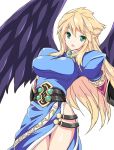  1girl angel_wings blonde_hair blue_eyes breasts breath_of_fire breath_of_fire_ii commentary_request dress large_breasts long_hair looking_at_viewer nina_(breath_of_fire_ii) open_mouth purple_wings side_slit simple_background solo white_background wings 