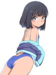  1girl ass bangs black_hair blue_eyes blue_swimsuit blunt_bangs blush bubukka eyebrows_visible_through_hair from_behind himenogi_rinze looking_at_viewer love_r one-piece_swimsuit short_hair simple_background solo swimsuit white_background 