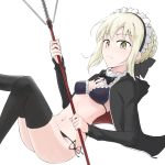  1girl :&lt; apron artoria_pendragon_(all) artoria_pendragon_(swimsuit_rider_alter) bangs bikini black_bikini black_bikini_bottom black_bikini_top black_legwear blonde_hair blush bow bowtie braid breasts commentary_request dress eyebrows_visible_through_hair fate/grand_order fate_(series) frills from_side highres holding jacket long_sleeves looking_at_viewer maid_bikini maid_headdress medium_breasts navel open_clothes ribbon saber_alter short_hair side-tie_bikini simple_background solo swimsuit tatsu_(tanishi_24) thighhighs white_background yellow_eyes 