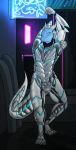  2019 4_toes 5_fingers anthro blue_body blue_eyes claws cybernetic_arm cybernetic_leg cybernetic_tail darknesshaven front_view hand_behind_head hi_res horn lizard looking_at_viewer male mizutatsu_tsunami multi_eye neon_lights neon_sign plate_armor raised_arm reptile scalie solo standing toes 