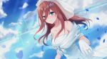  blue_eyes blush breasts brown_hair cleavage clouds elbow_gloves gloves go-toubun_no_hanayome headdress long_hair nakano_miku oenothera petals sky wedding_attire 