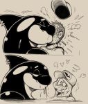  &lt;3 anthro blush cetacean clothed clothing comic daftpatriot delphinoid dizzy fin fin_piercing furgonomics furry-specific_piercing hat hi_res human human_on_anthro interspecies kissing larger_anthro larger_male male male/male mammal marine monochrome oceanic_dolphin orca partially_submerged piercing saliva saliva_string size_difference smaller_anthro smaller_human smaller_male species_transformation steam toothed_whale transformation 