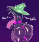  2019 anthro balls big_butt black_fur blush bovid butt caprine clothed clothing deltarune digital_media_(artwork) english_text eyewear fur glasses goat hat hi_res huge_butt looking_back male mammal open_mouth pink_clothing purple_background ralsei scarf simple_background solo sqoon text thick_thighs video_games white_eyes wide_hips wizard_hat 