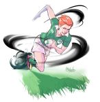  1girl afterlaughs ball blue_eyes cleats commentary english_commentary freckles green_legwear grin highres holding holding_ball ireland leaning_forward moira_(overwatch) nose orange_hair overwatch playing_sports red_eyes rugby rugby_ball rugby_uniform running short_hair smile socks solo sport sportswear very_short_hair 
