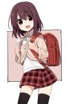  1girl :d backpack bag brown_eyes brown_hair character_request highres looking_at_viewer medium_hair open_mouth plaid plaid_skirt randoseru saki shisoneri simple_background skirt smile solo thighhighs 