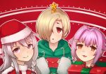  3girls blonde_hair blush bow braid brown_eyes christmas grey_hair hair_bow hair_ornament hair_over_one_eye hairclip highres hood hoodie hoshi_shouko idolmaster idolmaster_cinderella_girls jacy koshimizu_sachiko long_hair looking_at_viewer multiple_girls parted_lips purple_hair red_bow red_eyes shirasaka_koume short_hair smile twitter_username 