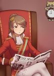  1girl absurdres armchair brown_hair chair clock english_text girls_frontline gloves green_eyes highres holding_newspaper huge_filesize idw_(girls_frontline) jacy lee-enfield_(girls_frontline) looking_away meme parody parted_lips ponytail sitting solo thighhighs tom_and_jerry ump9_(girls_frontline) wall_clock white_gloves white_legwear 