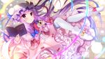  blush book boots bow dress garter hat ko_yu long_hair microphone patchouli_knowledge purple_eyes purple_hair thighhighs touhou 