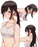  1girl amane_a_(007_uiro) back bare_shoulders blue_eyes blush breasts brown_hair cleavage exercise highres long_hair looking_at_viewer medium_breasts midriff navel original parted_lips ponytail push-ups simple_background solo sports_bra sweat white_background 