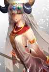 1girl altera_(fate) ass back bare_shoulders bracelet breasts dark_skin fate/grand_order fate_(series) hair_ornament holding horns i-pan jewelry medium_breasts red_eyes short_hair silver_hair solo veil 