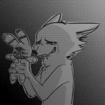  anthro canid canine cheek_tuft chest_tuft crying disney female fox fuel_(artist) gradient_background greyscale holding_object jack_savage lagomorph low_res mammal monochrome pattern_background plushie rabbit screentone simple_background skye_(zootopia) solo tears tuft zootopia 