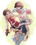  1girl 2boys breasts brown_hair commentary_request dress eyes_closed gensou_suikoden gensou_suikoden_ii gloves hairband hamagurihime jowy_atreides-blight multiple_boys nanami_(suikoden) open_mouth pants riou shirt short_hair smile 