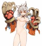  1girl animal_ears antenna_hair bell bell_collar blush breasts cat_ears cat_paws claw_(weapon) claws collar cowboy_shot erune fang flower gloves granblue_fantasy hair_between_eyes hair_flower hair_ornament kochiya_(gothope) long_hair looking_at_viewer medium_breasts nipples nude open_mouth orange_eyes paw_gloves paws sen_(granblue_fantasy) silver_hair solo standing weapon white_background 