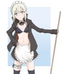  1girl apron aqua_background artoria_pendragon_(all) artoria_pendragon_(swimsuit_rider_alter) bangs bikini black_bikini black_bikini_top black_legwear black_skirt blonde_hair breasts commentary_request dot_nose eyebrows_visible_through_hair fate/grand_order fate_(series) frills frown hair_between_eyes highres holding jacket long_sleeves looking_at_viewer maid_bikini maid_headdress medium_breasts navel open_clothes ribbon short_hair simple_background skirt sleeves_past_wrists solo swimsuit tatsu_(tanishi_24) thighhighs two-tone_background white_apron white_background yellow_eyes 