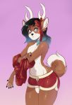  belphione black_nose blue_eyes blush bow bulge canid canine cervid clothing girly gradient_background hi_res hybrid lumi_hell male mammal pink_background purple_background shirt short_shorts shorts simple_background undressing wide_hips 