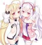  ahoge animal_ears armpits azur_lane bare_shoulders blonde_hair breasts bunny_ears bunny_pose camisole character_name closed_mouth commentary_request detached_sleeves dress eldridge_(azur_lane) expressionless eyebrows_visible_through_hair hair_between_eyes hair_ornament hairband jacket koko_ne_(user_fpm6842) laffey_(azur_lane) long_hair long_sleeves looking_at_viewer low_twintails multiple_girls off_shoulder pink_jacket pleated_skirt pocket poking puffy_long_sleeves puffy_sleeves red_eyes red_hairband red_skirt silver_hair simple_background skirt sleeveless sleeveless_dress small_breasts thighhighs twintails very_long_hair white_background white_camisole white_dress white_legwear white_sleeves zettai_ryouiki 