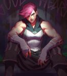  1girl absurdres arcane:_league_of_legends background_text bare_arms bare_shoulders biceps blue_eyes ear_piercing eyebrow_cut facial_tattoo green_eyes highres hood jeremy_anninos league_of_legends looking_at_viewer muscular muscular_female pants piercing pink_hair scar scar_on_face short_hair shoulders sitting sleeveless striped striped_pants tattoo vi_(league_of_legends) wrist_wrap 