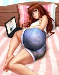  1girl absurdres ass bare_shoulders barefoot bed breasts brown_hair computer denim denim_shorts feet green_eyes highres huge_ass kairuhentai laptop long_hair looking_at_viewer lying medium_breasts on_side pillow shorts smile soles solo thick_thighs thighs toes 