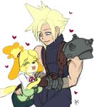  1boy 1girl animal_ears appelknekten arm_around_waist artist_name bangs blonde_hair blue_eyes blue_skirt blush_stickers breasts brown_gloves closed_mouth cloud_strife couple dog_ears dog_girl dog_tail doubutsu_no_mori ear_piercing eyebrows_visible_through_hair fang final_fantasy final_fantasy_vii fingerless_gloves furry gloves green_vest hair_tie hand_holding hand_up happy heart hetero highres interspecies large_breasts looking_at_another looking_down miniskirt neck_ribbon nintendo open_mouth pants pencil_skirt piercing red_neckwear red_ribbon ribbon shirt shizue_(doubutsu_no_mori) short_hair signature simple_background size_difference skirt sleeveless sleeveless_shirt smile super_smash_bros. suspenders tail teeth tied_hair topknot turtleneck vest white_background white_shirt 
