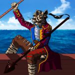  absurd_res anthro armor belt boat breastplate cigar clothed clothing coat collar ear_piercing ear_ring eye_patch eyewear fully_clothed gnoll gold_(metal) gold_tooth grin harpoon hi_res hyaenid kadisurmik looking_at_viewer male mammal melee_weapon outside piercing pirate polearm sea sitting smile solo spear striped_hyena torn_clothing vehicle vest water weapon 