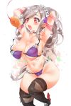  1girl armpits arms_behind_head arms_up azur_lane bikini black_choker black_legwear blush breasts choker cleavage doughnut dunkerque_(azur_lane) earrings eyebrows_visible_through_hair food hairband halter_top halterneck jewelry large_breasts lolita_hairband long_hair navel open_mouth ponytail purple_bikini red_eyes silver_hair solo stomach sugihara_(sugihara2000) swimsuit thighhighs thighs underboob wardrobe_malfunction 