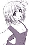  1girl :d ass bangs bare_shoulders blush breasts cleavage collarbone commentary_request eyebrows_visible_through_hair fang hair_between_eyes hair_ribbon looking_at_viewer monochrome nori_tamago open_mouth outstretched_arms ribbon rumia short_hair simple_background sketch small_breasts smile solo tank_top touhou upper_body white_background work_in_progress 