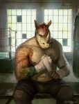  anthro bandage bulge clothed clothing detailed_background hair looking_at_viewer male mammal muscular muscular_male nipples pecs red_hair rhinocerotoid scar signature sitting solo strange-fox tattoo topless 