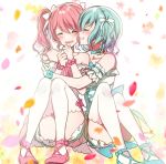  2girls :d ^_^ ankle_strap aqua_bow aqua_choker aqua_footwear bang_dream! bare_shoulders blush bow choker clenched_hands closed_eyes cross-laced_clothes detached_sleeves eyes_closed grin hair_ribbon hikawa_hina hug knees_up maruyama_aya mizukikushou multiple_girls open_mouth petals pink_bow pink_choker pink_footwear ribbon short_hair side_braids sitting smile thighhighs twintails white_legwear white_ribbon wrist_bow yuri 