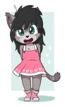  &lt;3 2019 aggie_(artist) anthro black_hair blush clothed clothing cub cute_fangs digital_media_(artwork) domestic_cat felid feline felis female footprint fur green_eyes grey_fur hair hi_res inner_ear_fluff legwear looking_at_viewer mammal open_mouth pawprint simple_background smile socks solo standing teeth tongue young 