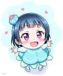  1girl :d absurdres bangs blue_dress blue_footwear blue_hair blush bun_cover child ckst commentary_request dress heart highres jellyfish_costume long_sleeves looking_up love_live! love_live!_school_idol_festival love_live!_sunshine!! open_mouth outstretched_arms purple_eyes shoes short_hair skin_fang smile solo spread_arms standing tsushima_yoshiko twitter_username younger 