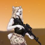  2019 anthro anyu_(vetkar) black_nose camo clothed clothing digital_media_(artwork) female fur gun hair hi_res mammal polar_bear rainter13 ranged_weapon simple_background solo standing ursid ursine villmix weapon white_fur 