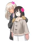  2girls beige_mittens black_coat black_eyes black_hair blonde_hair bob_cut brown_coat coat cowboy_shot daitou_(kantai_collection) dress eyes_closed flower fur-trimmed_coat fur_trim hair_flower hair_ornament high_ponytail kantai_collection long_hair looking_at_viewer mittens multiple_girls pink_mittens porusasu ro-500_(kantai_collection) short_hair sidelocks simple_background white_background white_dress 