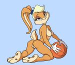  2019 3_toes ball blonde_hair blue_eyes butt female filthypally hair hi_res lagomorph lola_bunny looking_at_viewer looney_tunes mammal nipples nude pussy rabbit simple_background solo space_jam toes warner_brothers 