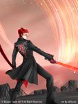  1boy adam_taurus adsouto black_gloves commentary english_commentary gloves glowing glowing_sword glowing_weapon highres holding holding_sword holding_weapon horns jacket katana mask official_art red_hair rwby sheath shirt sword unsheathing weapon wilt_and_blush 