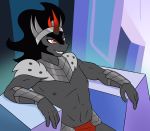  2019 absurd_res ambris anthro armor black_hair chair equid friendship_is_magic hair hi_res horn king_sombra_(mlp) male mammal my_little_pony nipples red_eyes sitting smile solo throne unicorn 