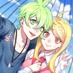  1boy 1girl ? ahoge akamatsu_kaede amami_rantarou antenna_hair blonde_hair cloud collarbone commentary_request danganronpa day ear_piercing earrings eyebrows_visible_through_hair green_eyes green_hair hair_between_eyes hair_ornament highres jewelry long_hair long_sleeves musical_note musical_note_hair_ornament nanin necklace necktie new_danganronpa_v3 outdoors piercing pink_neckwear purple_eyes school_uniform shirt short_hair sky striped striped_shirt sweater_vest white_shirt 