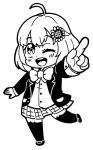  1girl :d ahoge animal_band_legwear bangs bkub blazer blush bow bowtie buttons cat_band_legwear chibi collared_shirt commentary dot_nose eyebrows_visible_through_hair flower full_body greyscale hair_between_eyes hair_flower hair_ornament high_contrast highres honma_himawari jacket medium_hair monochrome nijisanji one_eye_closed open_mouth plaid plaid_skirt pleated_skirt pointing pose school_uniform shirt simple_background skirt smile solo standing standing_on_one_leg sunflower_hair_ornament thighhighs upper_teeth virtual_youtuber white_background wing_collar 