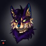  2019 better_version_at_source black_fur black_lips blue_eyes blue_nose canid canine canis digital_media_(artwork) evil_grin fox fur gradient_background grey_background hair headshot hi_res inner_ear_fluff male mammal multicolored_fur purple_ears purple_eyebrows purple_fur purple_hair ryuigi short_hair simple_background smile snarling tan_fur teeth tongue whiskers yellow_sclera 
