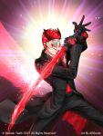  1boy adam_taurus adsouto black_gloves black_jacket black_pants energy gloves glowing glowing_sword glowing_weapon highres holding holding_sword holding_weapon horns jacket katana official_art pants pose red_eyes red_hair red_shirt rwby shirt spiked_hair sword weapon wilt_and_blush 