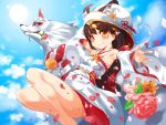  1girl animal animal_ear_fluff animal_ears azur_lane bangs black_hair blue_sky bouquet breasts closed_mouth cloud day detached_sleeves eyebrows_visible_through_hair flower fox fox_ears hair_ornament highres hood hood_up japanese_clothes kimono long_hair long_sleeves looking_at_viewer nagato_(azur_lane) orange_eyes outdoors petals pink_flower sky small_breasts smile sugihara_(sugihara2000) sun uchikake wide_sleeves x_hair_ornament yellow_flower 