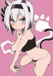  1girl animal_ears bandeau bangs bare_arms bare_shoulders black_hairband black_ribbon blue_eyes blush breasts cat_ears cat_tail commentary_request eyebrows_visible_through_hair hair_between_eyes hair_ribbon hairband hand_to_own_mouth hand_up highres kemonomimi_mode konpaku_youmu looking_at_viewer medium_breasts navel outline partial_commentary paw_print pink_background ribbon short_hair sidelocks silver_hair simple_background solo stomach tail tatundajo2012 thighs touhou white_outline 