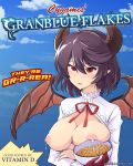  1girl blue_background bowl breast_milk breasts breasts_outside cereal commentary cover crossed_arms dragon_girl dragon_horns dragon_wings english_text fake_cover food frilled_shirt frilled_shirt_collar frills frosted_flakes granblue_fantasy grea_(shingeki_no_bahamut) highres holding holding_bowl horns lactation large_breasts looking_at_viewer manaria_friends maullarmaullar nipples open_clothes open_mouth open_shirt parody pointy_ears pun purple_hair red_eyes red_ribbon ribbon shingeki_no_bahamut shirt short_hair solo white_shirt wings 