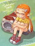  1girl bike_shorts blush eyes_closed female grin hair_ornament highres inkling kiitos nintendo orange_hair pointy_ears shirt shoes sitting smile solo splatoon t-shirt tentacle_hair 