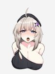  1girl :o aa-12_(girls_frontline) ahoge asymmetrical_clothes bangs bare_shoulders black_headwear blue_eyes blush breasts bright_pupils candy cleavage collarbone cropped_torso eyebrows_visible_through_hair food girls_frontline grey_background grey_hair hair_ornament kumasteam large_breasts looking_at_viewer nose_blush open_mouth saliva sidelocks simple_background single_strap solo star star_hair_ornament tongue tongue_out 