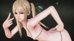  1girl 3d areola_slip areolae armpits ass bare_shoulders bikini black_bikini blonde_hair blue_eyes breasts cleavage dead_or_alive highres honey_select illusion_soft leaning_forward light_smile long_hair looking_at_viewer marie_rose micro_bikini small_breasts solo standing sunewaka swimsuit tied_hair twintails v 