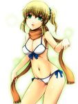  1girl bikini blonde_hair breasts green_eyes large_breasts original ponytail scarf simple_background smile solo swimsuit wakame white_background 